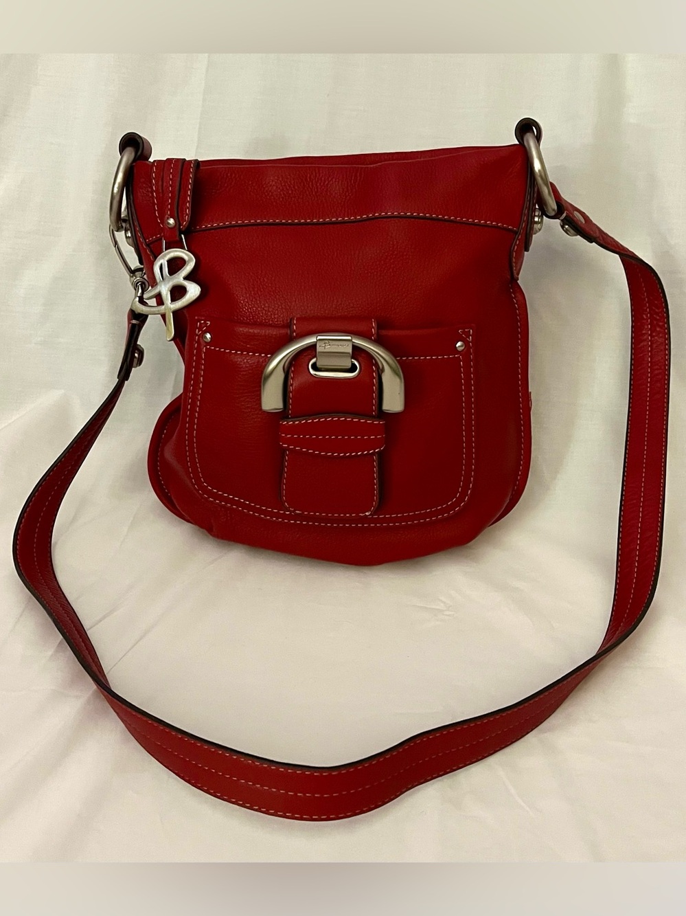 B. Makowsky Westbourne Red Pebbled Leather Crossbody Shoulder Bag Leopard Heavy